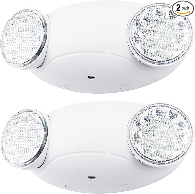 LIT-PaTH LED Emergency Lighting Fixtures with 2 LED Bug Eye Heads and Back Up Batteries- US Standard Exit Light, UL 924 and CEC Qualified, 120/277 Voltage, White, 2-Pack