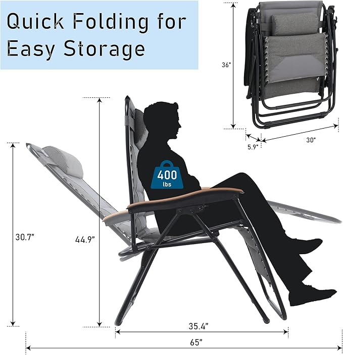 PHI VILLA XXL Oversized Padded Zero Gravity Chair, Foldable Patio Recliner, 30" Wide Seat Anti Gravity Lounger with Cup Holder, Set of 2, Support 400 LBS (Gray)