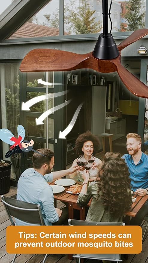 3 Blades Wood Outdoor Ceiling Fan for Patios, Farmhouse Rustic Ceiling Fans, 34" Plug-in Wet Rated Outdoor Gazebo Fan for Exterior House Porch Patio, Waterproof,F248