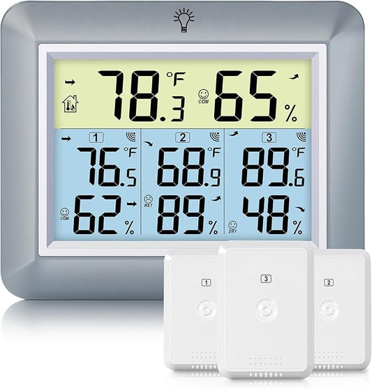 Urageuxy Indoor Outdoor Thermometer Wireless Weather Station with Temperature and Humidity Monitor Digital Hygrometer with 3 Remote Sensors, Min/Max Record,℃/℉ Switcher, Backlight, Grey