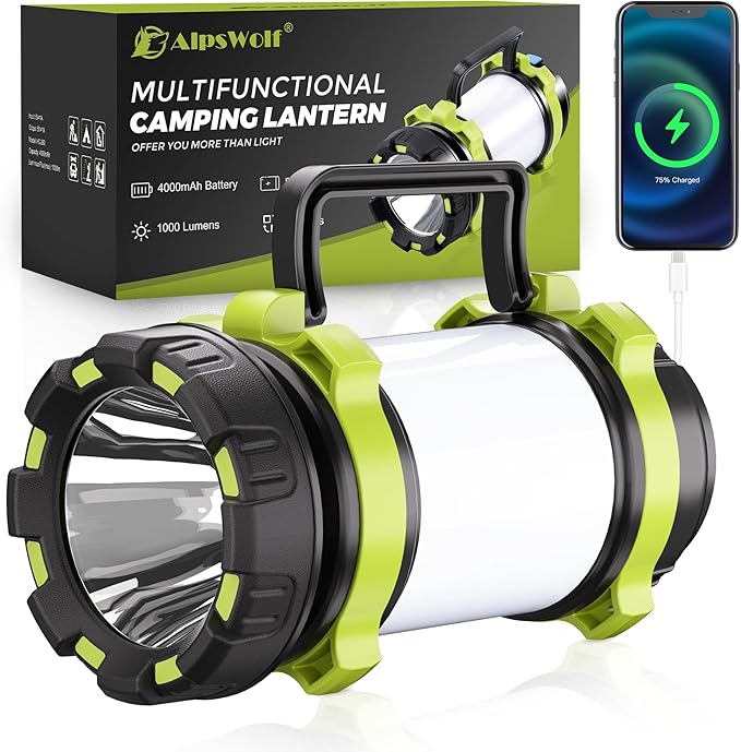 AlpsWolf Camping Flashlight, 6 Modes Camping Lantern Rechargeable LED Lantern for Power Outage, Camping Light Flashlight for Emergency, Green