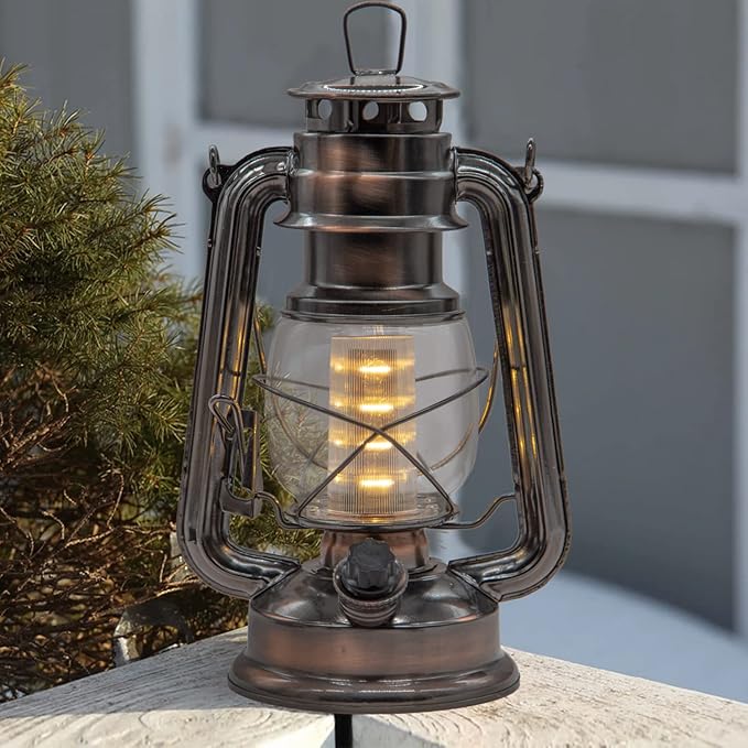 YAKii LED Vintage Lantern Metal Hanging Hurricane 12 LED Dimmer Switch Warm White Battery Operated Power Outage Indoor Camping Lighting Outdoor Brooklyn Decoration(Copper)