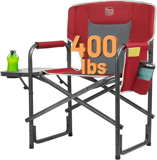 TIMBER RIDGE Aluminum Oversized Camping Chair, Lightweight Portable Directors Chair with Side Table Detachable Side Pocket for Outdoor Camping, Lawn, Picnic, Support 400lbs Red