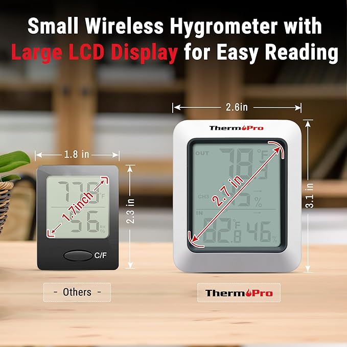 ThermoPro TP60-2 Digital Hygrometer Indoor Outdoor Thermometer Wireless Temperature and Humidity Gauge Monitor Room Thermometer with 500ft/150m Range Humidity Meter