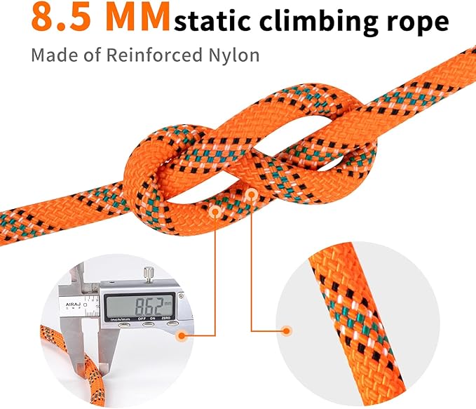 AOLEBA 8.5mm Static Climbing Rope, Outdoor Rock Climbing Ropes, Heavy Duty Rappelling Rope for Fire Rescue, Escape, 10M(32Ft) 20M(64Ft) 30M(96Ft) Ice Climbing Equipment & Parachute Accessories