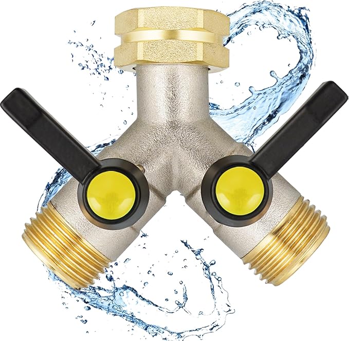 EJW Garden Hose Splitter 2-Way Heavy Duty, Y-Valve Garden Hose Faucet Splitter, 3/4” GHT Threads,Outdoor Faucet Splitter，Brass High Flow, Garden Hose Y-Splitter 2-Way,Y-Valve Full Flow Hose Splitter.