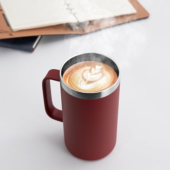 DOMICARE 24oz Mug with Handle and Lid, Stainless Steel Coffee Mug, Travel Mug with Handle, Double Wall Vacuum Coffee Tumbler, Reusable Insulated Cup, Dark Red, Pack 8