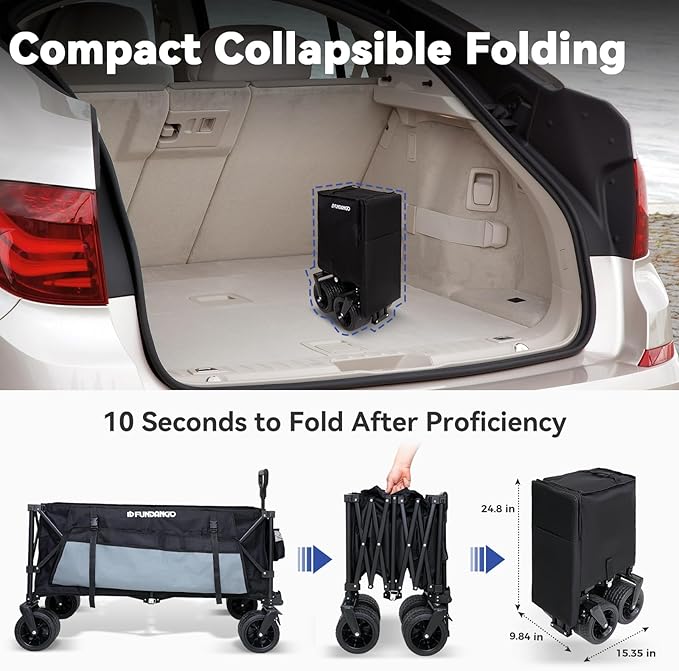 FUNDANGO 600lbs Heavy Duty Wagon, Foldable Beach Collapsible Wagons Garden Cart with Brakes, Side Pockets & All-Terrain Big Wheels for Sports Camping Shopping Groceries, Black