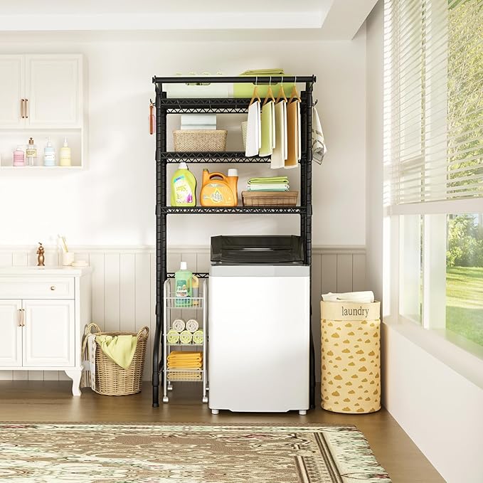 Ulif U11 Over Washer and Dryer Shelves, 3 Tiers Laundry Room Storage and Organizer Standing Shelf, Metal Freestanding Clothes Drying Rack, 33.9" W x 19.7" D x 77.6" H, Black