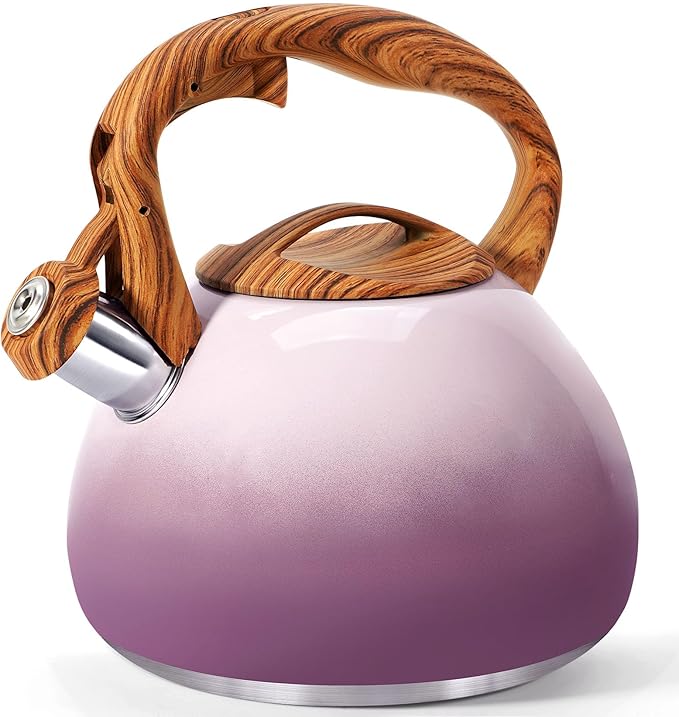 GGC Tea Kettle for Stove Top, 3.1QT/3L Whistling Tea Kettles for Boiling Water Coffee or Milk, Purple Tea Pot with Wood Parttern Handle, Stainless Steel Tea Pot for Home and Kitchen