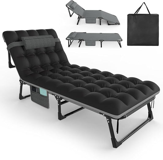 Slendor Folding Camping Cot for Adults, 5 Positions Adjustable Outdoor Bed, Lounge Chair, 1200D Layer Oxford Travel Cot With Mattress, Storage Bag, Black W/Gray Pad