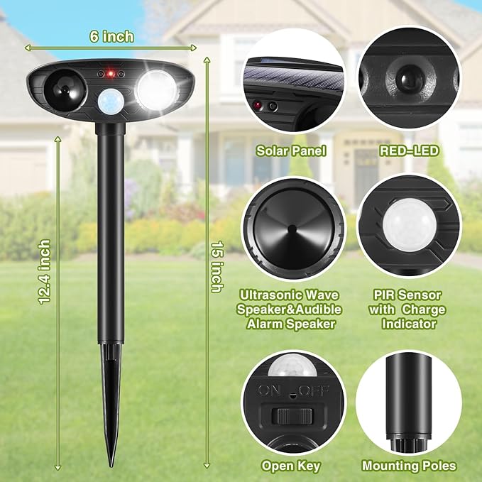 4Pack Ultrasonic Raccoon Repellent Outdoor Solar Animal Repellent with Motion Sensor&Strobe Light Cat Deterrent Outdoor Deer Repellent Device to Scare Skunk Squirrel Rabbit Repellent for Yard