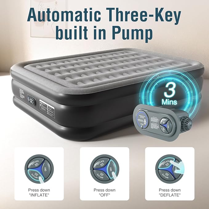 Air Mattress 18", Queen Air Mattress with Built in Pump, Inflatable Mattress with Soft Flocked Top and Portable Carry Bag Adjustable Blow Up Mattress for Guest, Indoor, Travel (Black)