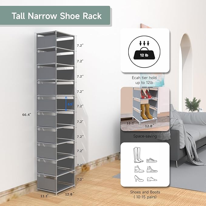Vertical Shoe Rack, 10 Tier Grey Narrow Shoe Organizer for Closet Entryway, Tall Slim Shoe Tower for Small Spaces, Space Saving Corner Shoe Shelf