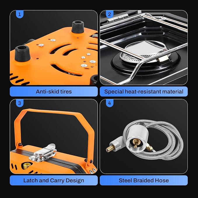 Adjustable 2-Burner Portable Stove with 16000 BTU, with Camping Grill and Carrying Bag, Portable Propane Camp Stove with 2 Burners & Piezo Ignition for Camping, Backyard BBQ,Tailgating (Orange)