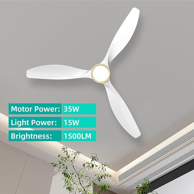 Roomratv Ceiling Fans with Lights,Large Airflow 52inch Modern Ceiling Fan with Quite Reversible DC Motor 3 Color Temperature LED Light (White Gold)