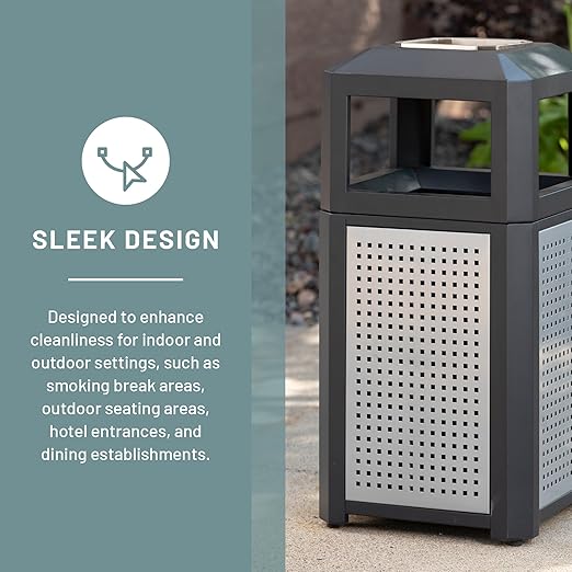 Safco Evos Steel Trash Can, 15 Gallons, Indoor and Outdoor Use, Heavy Duty Garbage Can with Plastic Liner and Ashtray