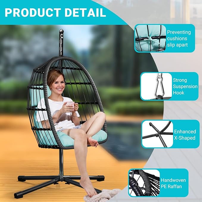 Egg Chair with Stand,Patio Rattan Wicker Hanging Swing Egg Chair Hammock Chair for Bedroom Porch Garden,Thickened Aluminum Alloy Steel Frame and UV Resistant Cushion,350LBS Capacity