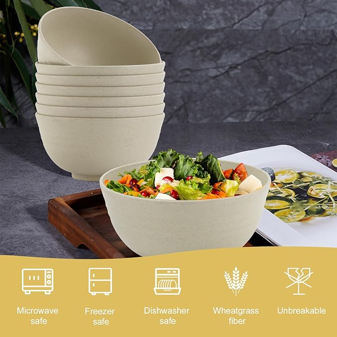 Homienly Wheat Straw Bowls Set of 8, Unbreakable Cereal Bowls, Microwave and Dishwasher Safe Kitchen Bowl Set for Dinner, Soup, Cereal, Snack, Bowl for Kitchen, Camping(Beige, 26 OZ)