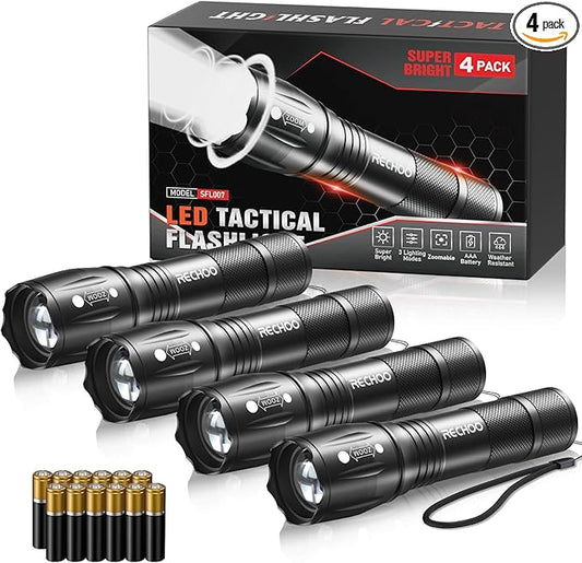 LED Flashlights High Lumens 4 Pack, Powerful Tactical Flashlight With 3 Modes, Pocket Small Flash Light, Waterproof Zoomable Flashlights for Home Emergencies, Camping Essentials (Battery Included)
