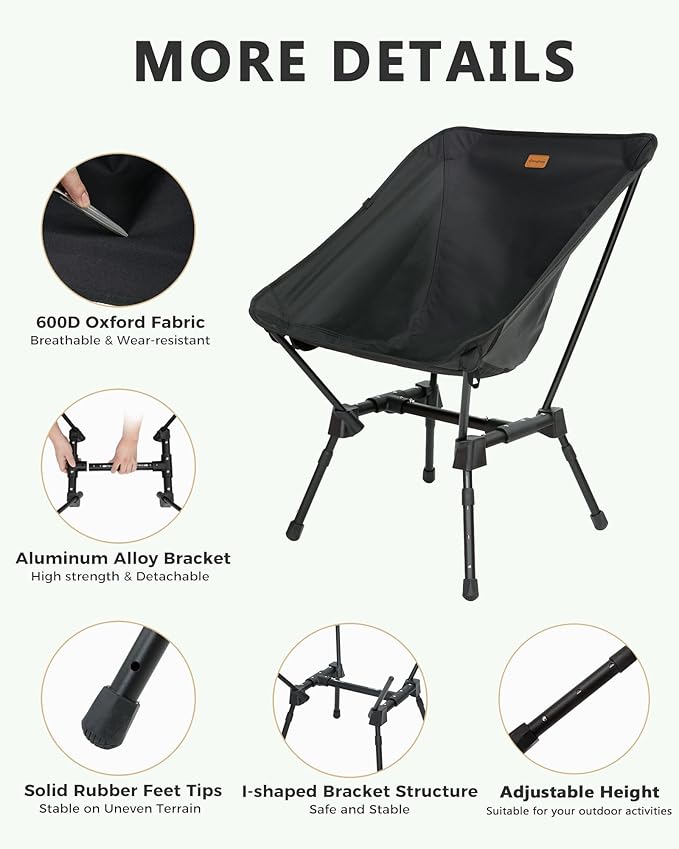 KingCamp Portable Backpacking Chair, 4-Position Adjustable Height Folding Compact Lightweight Camping Chairs with Cup Holders & Carry Bag for Outdoor Camp Hiking Lawn Fishing