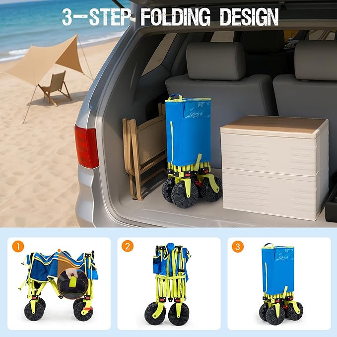 49" L Extra Long Beach Wagon with Tailgate,Big Wheels with Brake for Sand, Collapsible Utility Beach Cart Heavy Duty Folding Wagon,Ideal for Outdoor Sand Camping Garden Pet