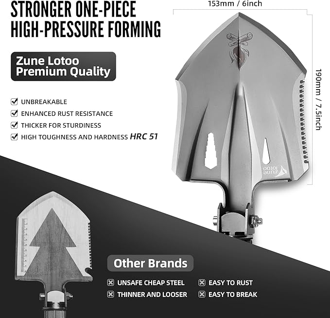 Zune Lotoo Tactical Shovel Survival Multitool, Military Portable Folding Camping Shovel Compact Camping Gear for Men Outdoor Survivalist Gift Hiking Backpack Emergency Offroad Entrenching Tool Spade