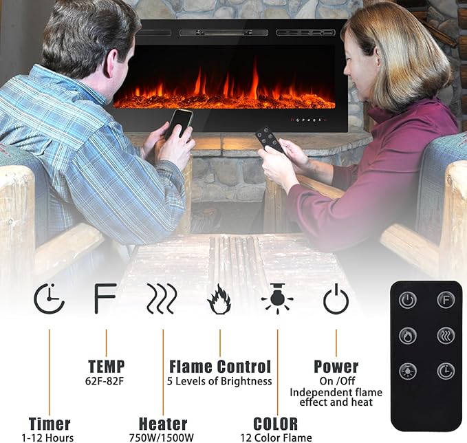 CharaVector Electric Fireplaces Recessed Wall Mounted Fireplace Insert 50 Inch Wide Heater LED Fire Place Remote Control & Touch Screen, 1-12 Hours Timer, 12 Color Flame and Log Color