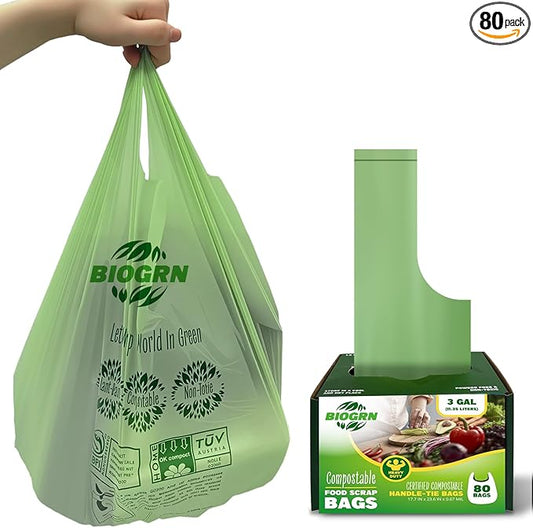 2.6-3 Gallon Compostable Trash Bags with Handles 80 Count 0.67 Mil 11.36 L Small Kitchen Food Scrap Waste Compost Bag ASTM D6400 US BPI and OK Compost Home Certified