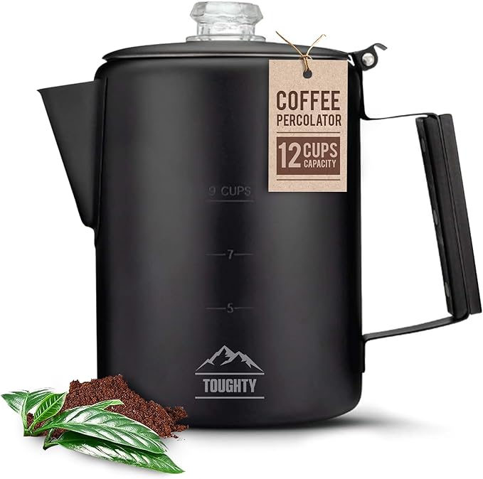 Toughty Yosemite Percolator Coffee Pot – Classic Coffee Percolator Stovetop for Camping & Home – Durable Stainless Steel - Gas, Electric & Induction Stoves – Old-Fashioned Cowboy-Style Pot – 12 Cups
