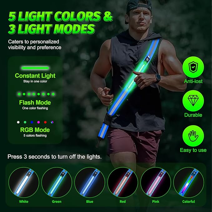 LED Running Gear High Visibility Reflective Belt Sash, Adjustable Night Walking Safety Gear, Rechargeable Light Up Running Reflective Belt for Runners Walkers Men Women