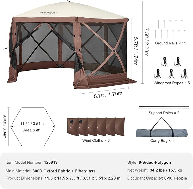 VEVOR Pop Up Gazebo Screen Tent 6 Sided Canopy Sun Shelter with 6 Removable Privacy Wind Cloths & Mesh Windows, 11.5x11.5FT Quick Set Screen Tent with Mosquito Netting, Brown