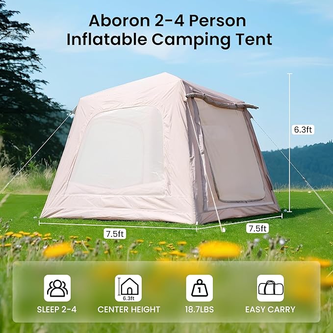 ABORON 2/6/8 Person Inflatable Camping Tent, Easy Setup Blow Up Tent with Hand Pump, PU3000mm Waterproof & Breathable 4 Season Glamping Tent for Outdoor Camping