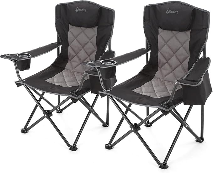 ARROWHEAD OUTDOOR 2-Pack Portable Folding Camping Quad Chair w/ 6-Can Cooler, Cup & Wine Glass Holders, Heavy-Duty Carrying Bag, Padded Armrests, Headrest & Seat, Supports up to 550lbs