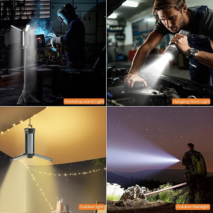 Rechargeable Camping Light with Stand, Outdoor LED Cordless Work Light with Portable Telescopic Bracket, 6AH Battery, 2000 Lumen Construction Lights with Carrying Bag