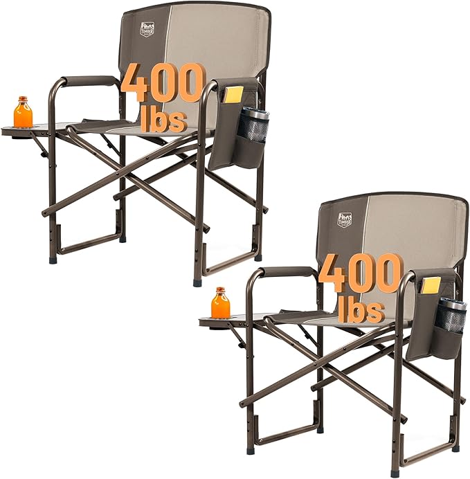 TIMBER RIDGE Aluminum Oversized Camping Chair, Lightweight Portable Directors Chair with Side Table Detachable Side Pocket for Outdoor Camping, Lawn, Picnic, Support 400lbs Tan 2 Pack