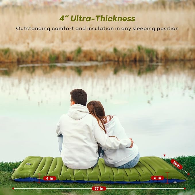 4 Inch Thick Inflatable Sleeping Pad for Camping, with Foot Pump and Pillow, Lightweight Camping Mattress for Outdoors, Backpacking, Hiking