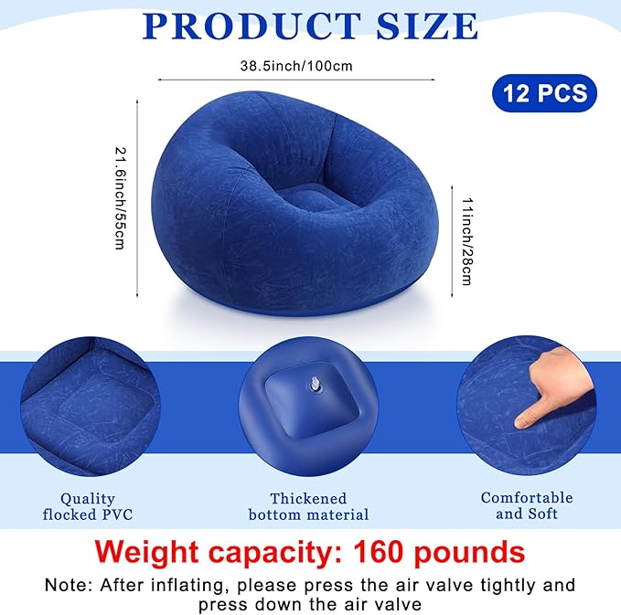Realspring 12 Pcs Bean Bag Chairs for Adults Inflatable Chairs with Electric Air Pump,Blow up Couch Folding Portable Inflatable Couch Lazy Sofa for Reading Living Room Camping (Dark Blue)