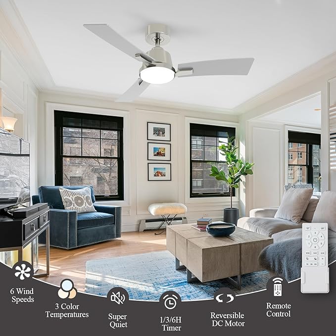 42 Inch Ceiling Fans with Lights,Low Profile Ceiling Fan,Modern Flush Mount,Reversible 6 Speeds,3CCT Dimmable Noiseless Ceiling Fans for Living Room,Bedroom and Patio,ETL Listed