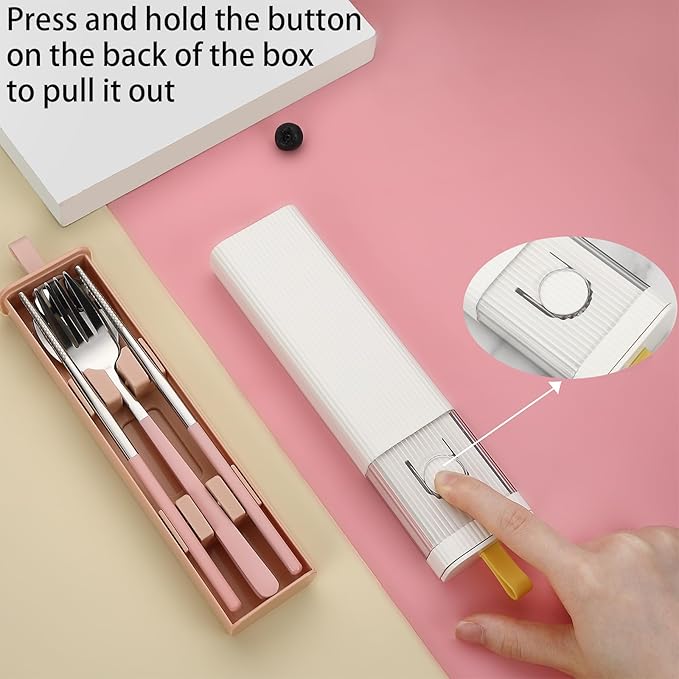 DEVICO Travel Utensils with Case, Stainless Steel Reusable Camping Silverware Set for Lunch Box, Portable Cutlery Kit Includes Fork, Spoon, Chopsticks (White)