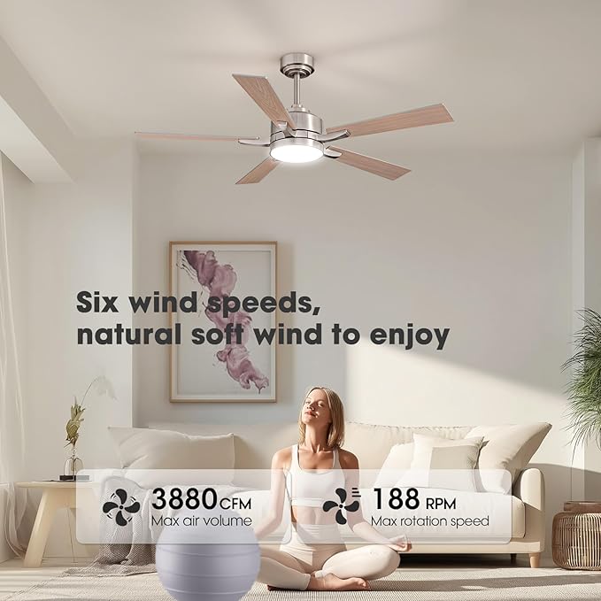 Ceiling Fan with Light, 52" Modern Low Profile Ceiling Fan with Light, DC Reversible Motor, Smart APP & Remote Control, Whisper Quiet, Dimmable LED for Bedroom/Living Room