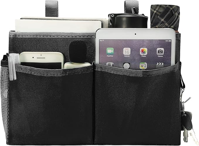 Bunk Bed Organizer, Bedside Caddy Hanging Bed Organizer Storage Bag with 4 Pockets and 2 Hooks, for College Dorm Rooms Bed, Hospital Bed, Baby Bed Rails, 600D Oxford Cloth (Black)