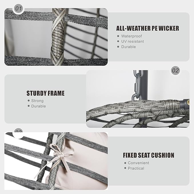 Double Hanging Egg Chair wth Stand, Patio Hammock Swing Chair with Cushion Loveseat for Bedroom, Balcony, Garden, Indoor, Outdoor, Beige