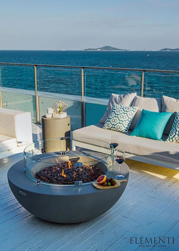 Elementi Lunar Bowl Cast Concrete Fire Table Bundle, Outdoor Fire Pit Fire Table Patio Furniture, Light Gray (Natural Gas)