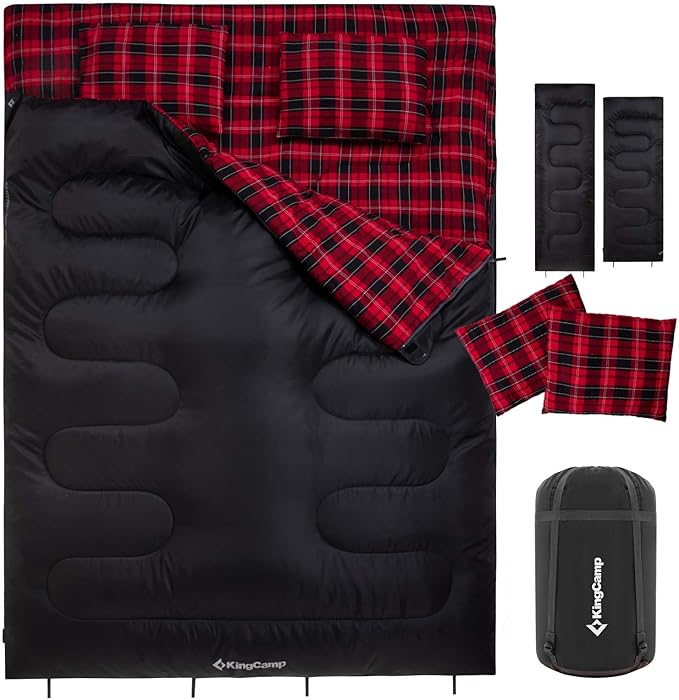 KingCamp Double Sleeping Bag for Adults, Queen Size 2 Person XXL Flannel Sleeping Bag, Waterproof Lightweight Flannel Quilt with 2 Pillows, Perfect for Couples Family Camping Hiking