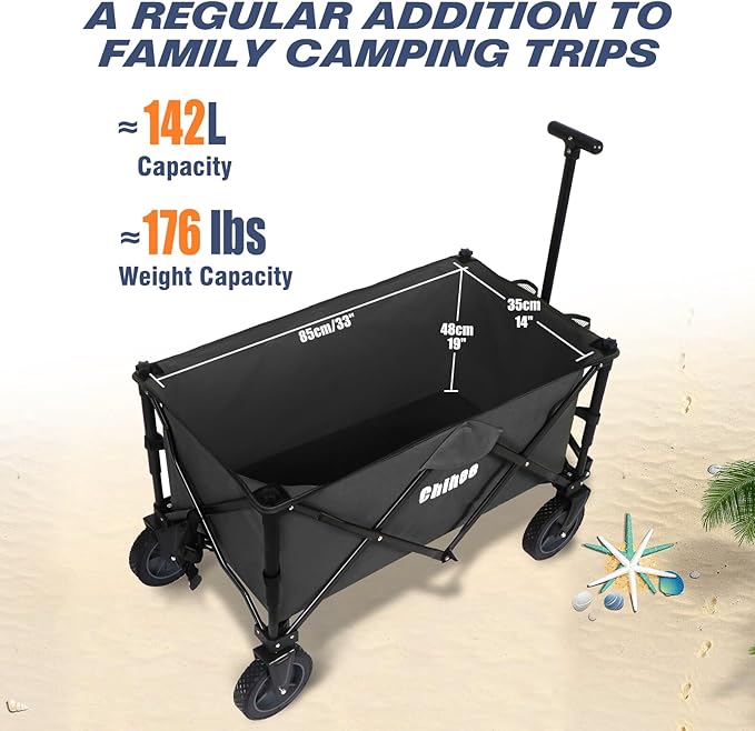 Chihee Folding Wagon Cart Garden Cart Heavy-Duty with 2 Cup Holders,Camp Cart for Gimballed Wheels with Braking System Large Capacity Removable Fabric,for Sporting Events,Camping,Beach Trips