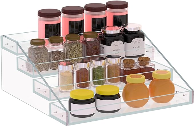 PMMASTO Widen Tiered Spice Rack, Seasoning Organizer, Clear Acrylic Vertical Shelves Can Organizer for Countertop, Cabinet, Pantry, Kitchen Organization and Storage - 4 Tier