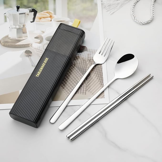 DEVICO Travel Utensils with Case, 18/8 Stainless Steel Reusable Silverware Set for Lunch Box, Portable Cutlery Set, Fork and Spoon Set for Camping, Lunch, Picnic, Workplace, School (Black)