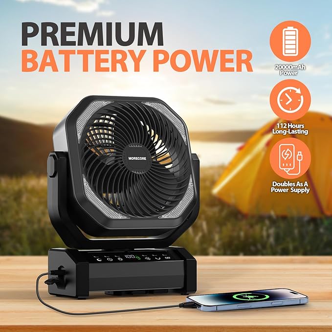 MORECORE 20000mAh Rechargeable Camping Fan with Light, 112HRS Running, 8-Speed, Auto Oscillating, Timer, LED Digital Display, 270°Pivot with Hook for Tent RV Emergency Garage-Black