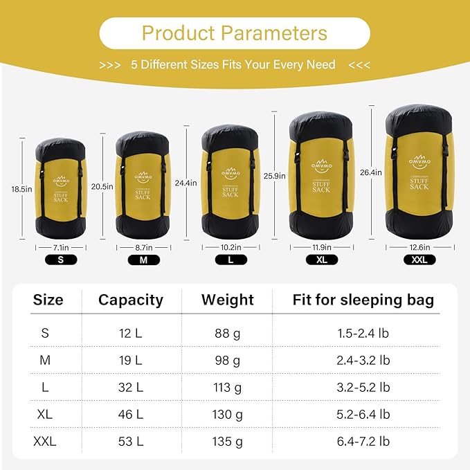 Compression Sack, 12L/19L/32L/46L/53L Water-Resistant Sleeping Bag Stuff Sack,Anti-Tear Ultra Light 400T 20D Nylon Storage Bag,Space Saving Gear for Camping Hiking Travel 1Pcs